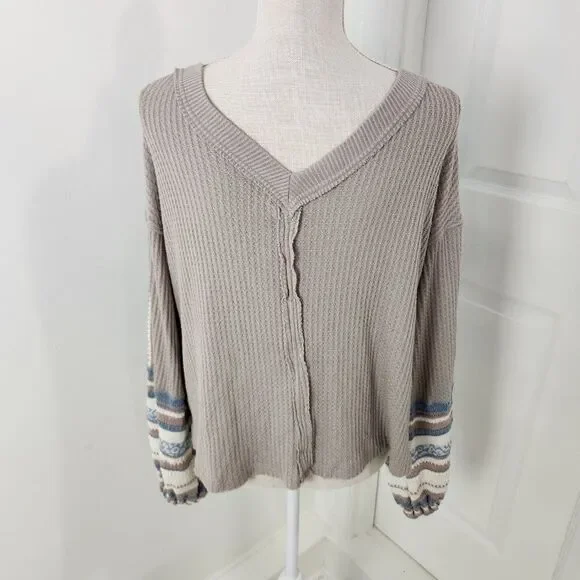 Free People Sweater Womens XS Copenhagen Thermal Waffle Contrasting Sleeves - Picture 6 of 16